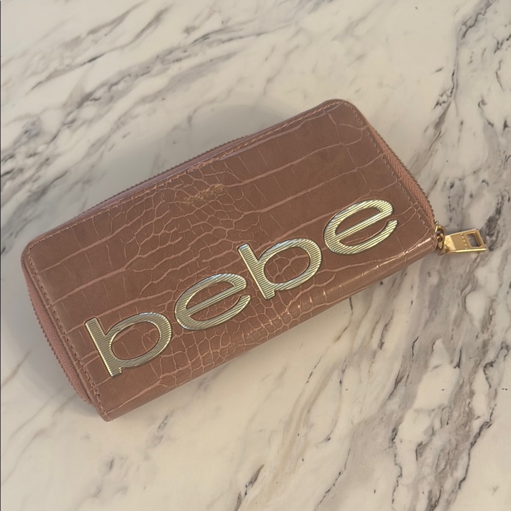 Bebe Fabiola Croc-Embossed Zip Around Wallet with Gold Accents